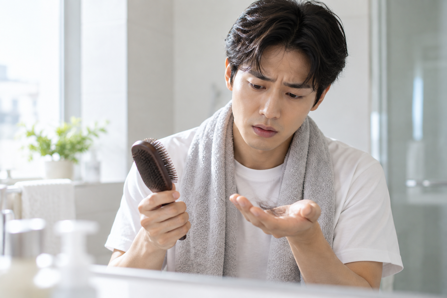 욕실에서 빠진 머리카락을 살피는 남성.png